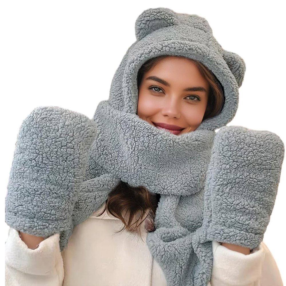 Women Cute Bear Hooded Hat Scarf Gloves Set 3-in-1 Earflap Animal Hat Plush Warm Hooded Scarf with Mittens