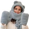 Women Cute Bear Hooded Hat Scarf Gloves Set 3-in-1 Earflap Animal Hat Plush Warm Hooded Scarf with Mittens view 1