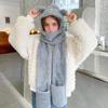 Women Cute Bear Hooded Hat Scarf Gloves Set 3-in-1 Earflap Animal Hat Plush Warm Hooded Scarf with Mittens view 4