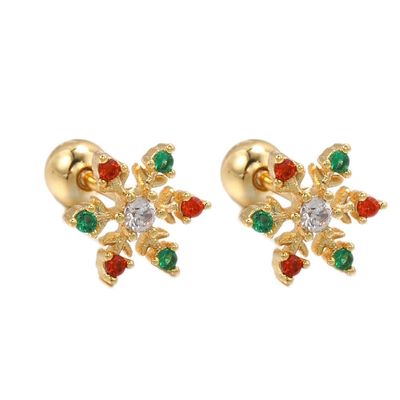 18G Christmas Snowflake Cartilage Small Stud Earring Crystal Red Green Tiny Screw Back Earrings Helix Tragus Barbell Body Piercing Jewelry for Women New Year Holiday Gifts Anniversary (Gold-Tone)
