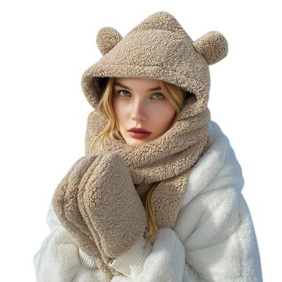 Women Cute Bear Hooded Hat Scarf Gloves Set 3-in-1 Earflap Animal Hat Plush Warm Hooded Scarf with Mittens