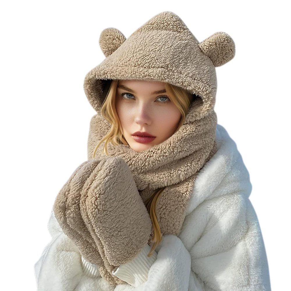 Women Cute Bear Hooded Hat Scarf Gloves Set 3-in-1 Earflap Animal Hat Plush Warm Hooded Scarf with Mittens