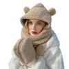 Women Cute Bear Hooded Hat Scarf Gloves Set 3-in-1 Earflap Animal Hat Plush Warm Hooded Scarf with Mittens view 1