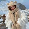 Women Cute Bear Hooded Hat Scarf Gloves Set 3-in-1 Earflap Animal Hat Plush Warm Hooded Scarf with Mittens view 3