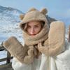 Women Cute Bear Hooded Hat Scarf Gloves Set 3-in-1 Earflap Animal Hat Plush Warm Hooded Scarf with Mittens view 4