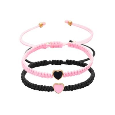 Set of 2 Colorful Heart Beaded Matching Bracelets for Couples and Friendships Pinky Promise Heart Braided Leather Rope Bangle Wrist Adjustable Bracelets Valentines Gifts- Pink & Black