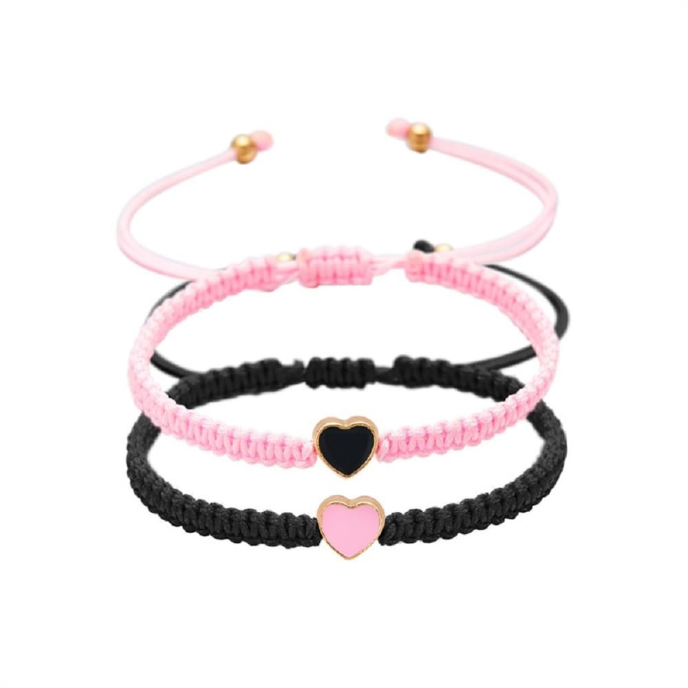 Set of 2 Colorful Heart Beaded Matching Bracelets for Couples and Friendships Pinky Promise Heart Braided Leather Rope Bangle Wrist Adjustable Bracelets Valentines Gifts- Pink & Black