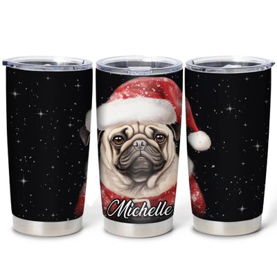 Hyturtle Personalized Gifts Dog Lover - Pug Merry Christmas Custom Name Coffee Tumbler Cup Stainless Steel 20oz, Animal Lover Gifts For Women Girl Kids Men On Birthday Christmas