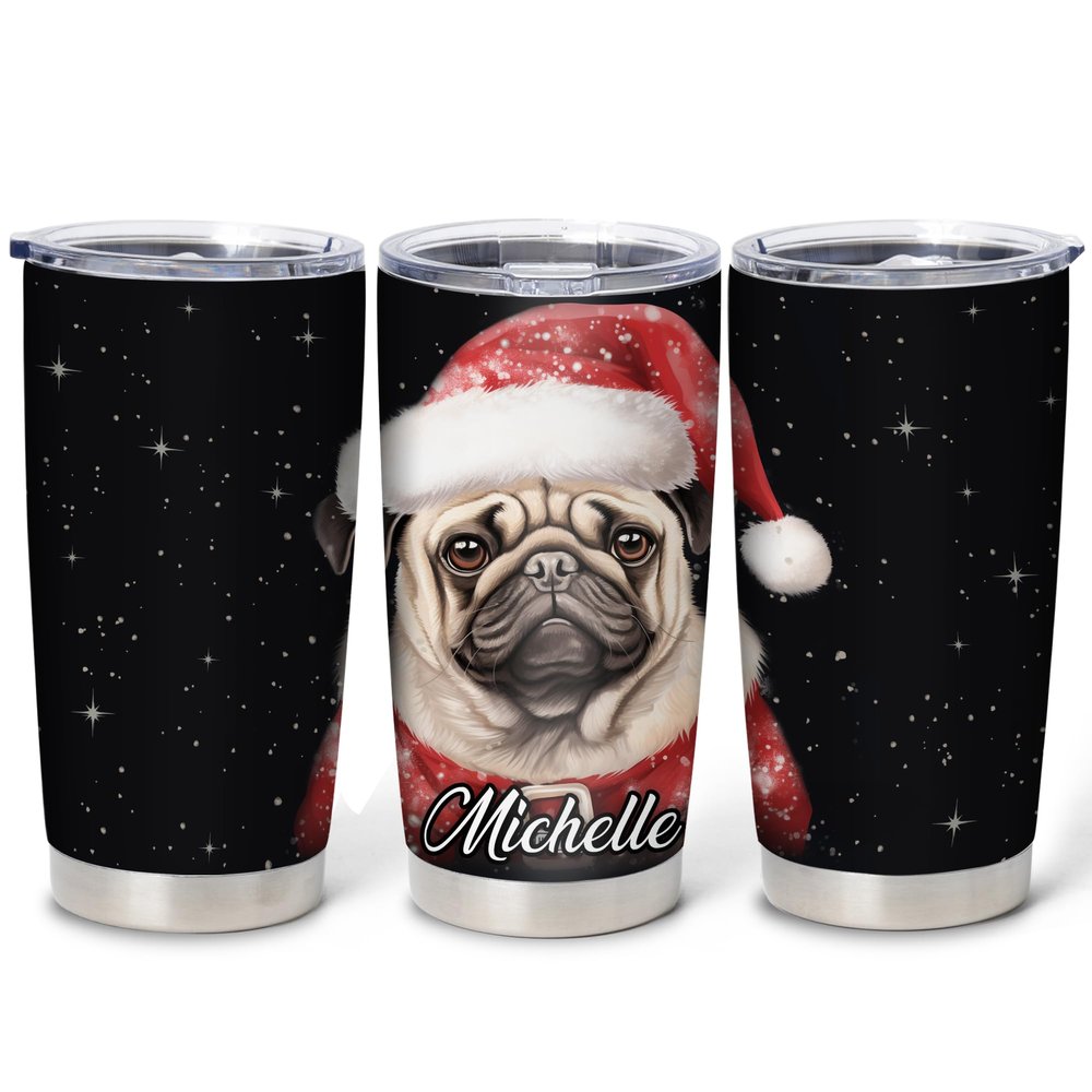Hyturtle Personalized Gifts Dog Lover - Pug Merry Christmas Custom Name Coffee Tumbler Cup Stainless Steel 20oz, Animal Lover Gifts For Women Girl Kids Men On Birthday Christmas