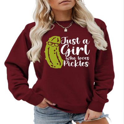 Just A Girl Who Loves Pickles Long Sleeve Sweatshirt Plus Size Casual Pullover Top (Color : Wine, Size : XX-Large)