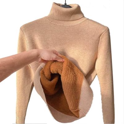 Winter Fleece Thick Knitted Bottoming Shirt, Casual Turtleneck Sweater Soft Thermal Shirts for Women, Turtleneck Soft Thermal Shirts for Women (Color : Knaki, Size : X-Large)