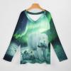 Northern Lights Polar Bear Women's Casual Long Sleeve T Shirts V Neck Printed Graphic Blouses Tee Tops 5XL view 3