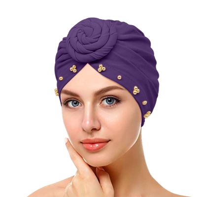 African Pattern Women Turbans Hats Flower Knot Headwrap Pre-Tied Cap Women African Turban Flower Knot (Purple, One Size)
