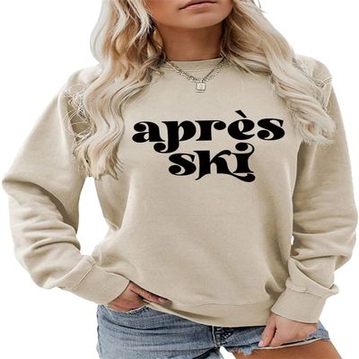 ESIKAH Apres Ski Sweatshirt Womens Crewneck Long Sleeve Casual Popular Pullover Tops Girls Weekend Winter Sports Sweatshirt Beige