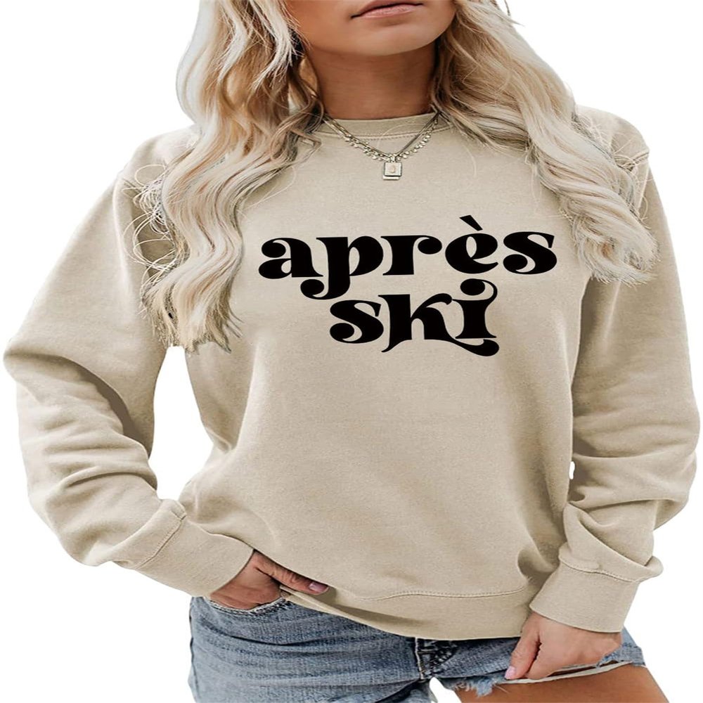 ESIKAH Apres Ski Sweatshirt Womens Crewneck Long Sleeve Casual Popular Pullover Tops Girls Weekend Winter Sports Sweatshirt Beige