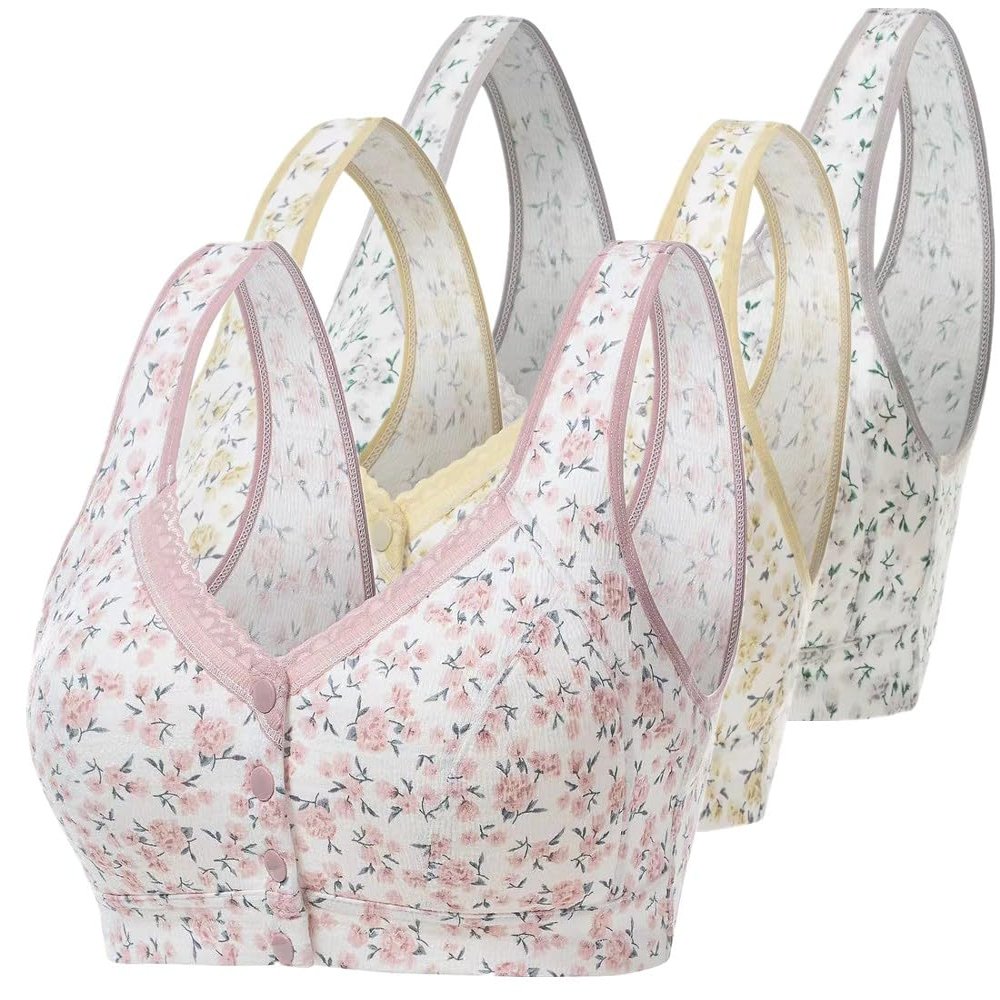 3Pack Women Full Floral Front Button Closeure Lace Bra, Middle-Aged Elder Woman Wirefree Cotton Plus Size Bra (Pink/Beige/Gray, 34bc)