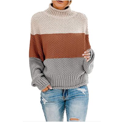 Women Turtleneck Sweaters Casual Long Sleeve Cable Chunky Color Block Oversized Knit Pullover Tops Fashion Fall Outfits