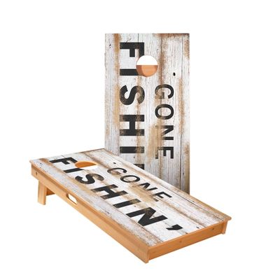 Skip's Garage Distressed Wood Gone Fishin Cornhole Boards - Includes (2) Boards (Resin Bags) + (1) Carry Case, (2) Hole Lights & (2) Edge Lights