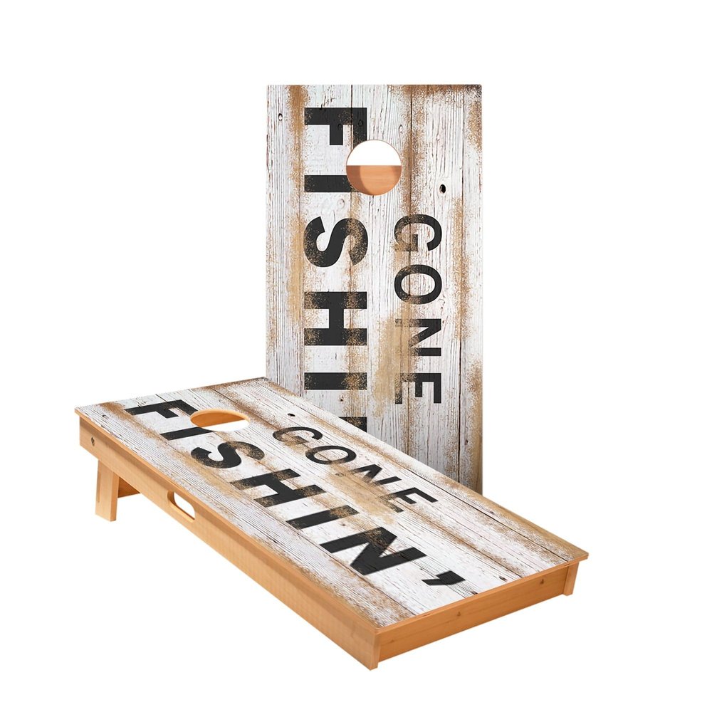 Skip's Garage Distressed Wood Gone Fishin Cornhole Boards - Includes (2) Boards (Resin Bags) + (1) Carry Case, (2) Hole Lights & (2) Edge Lights