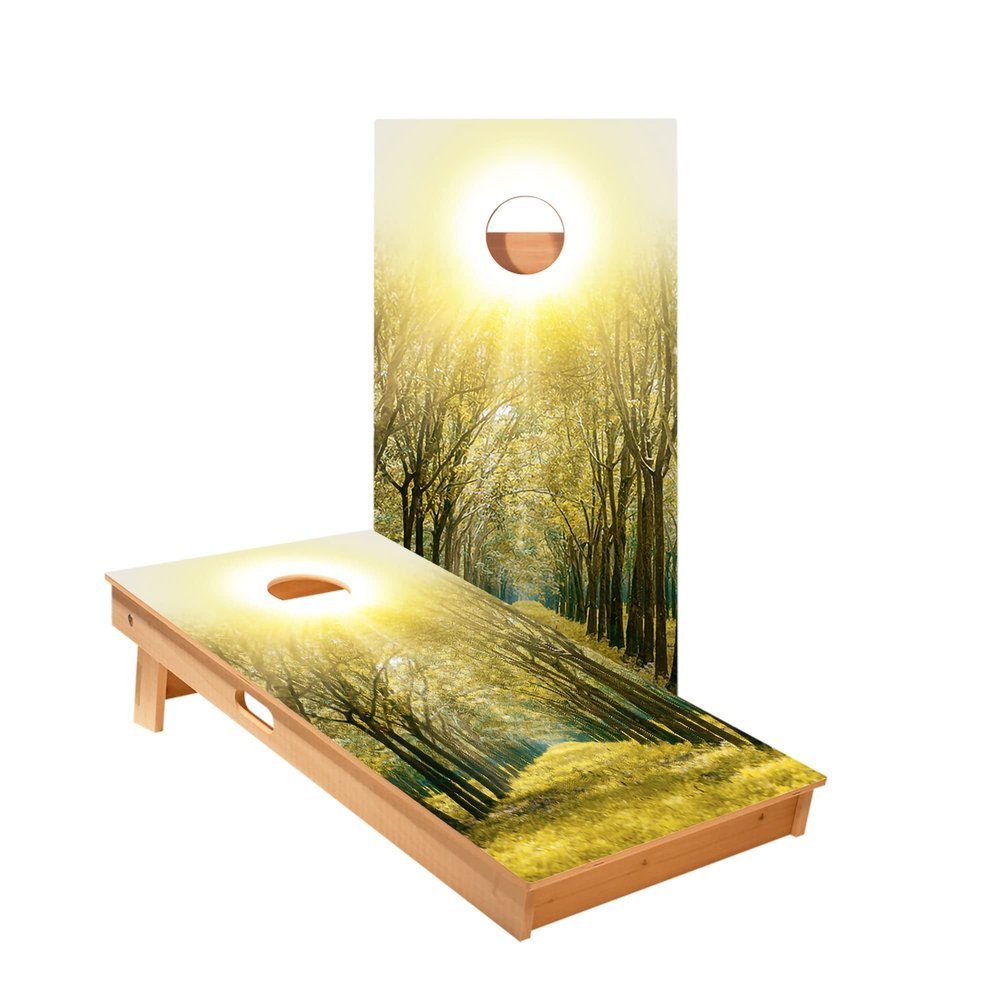 Skip's Garage Forest Sunset Cornhole Boards - Includes (2) Boards (Resin Bags) + (2) Board Hole Lights