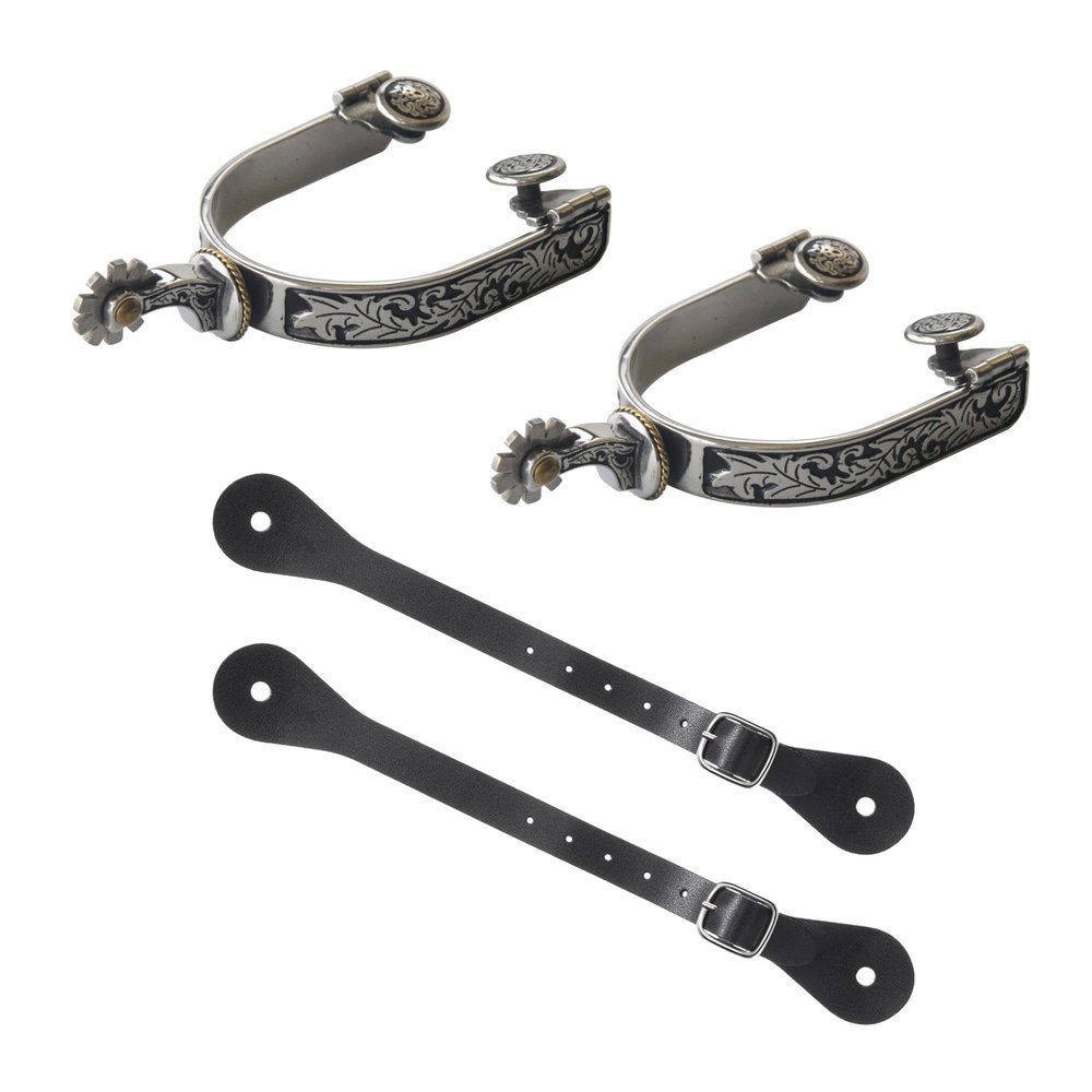 Western Cowboy Spurs, Paired with 6 Holes Spurs Belt, Stainless Steel Western Horse Spurs with Rotatable Gear, Leather Spur Straps Retro Fine Workmanship Men Women Horse Boot Spurs for Equestrian