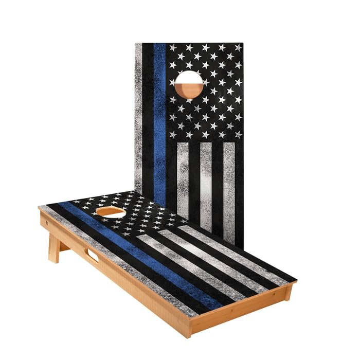 Skip's Garage Thin Blue Line Cornhole Boards - Includes (2) Boards (Resin Bags) + (2) Hole Lights & (2) Edge Lights