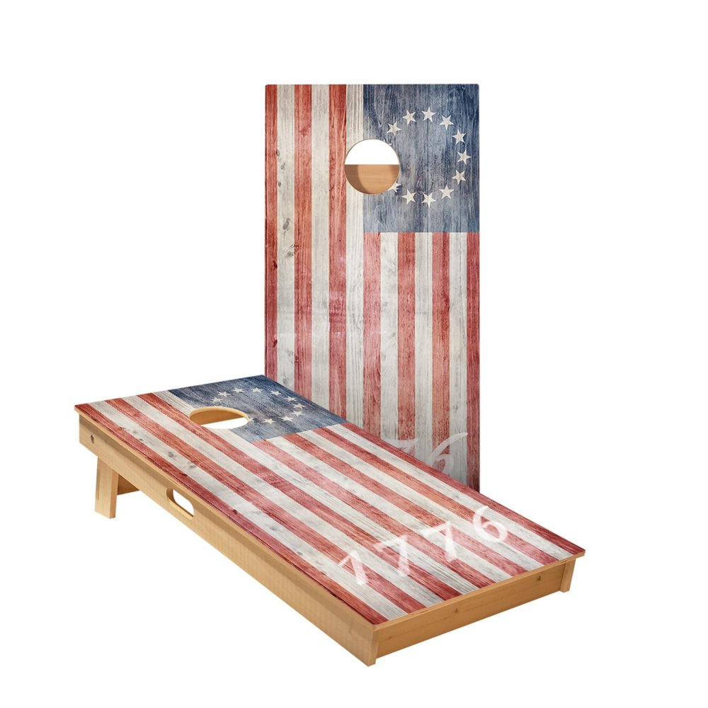 Skip's Garage 1776 American Flag Cornhole Boards - Includes (2) Boards (Resin Bags) + (2) Hole Lights & (2) Edge Lights
