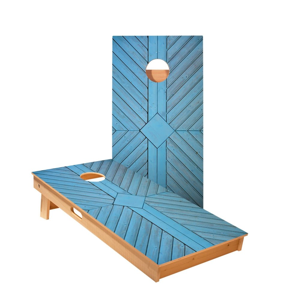 Skip's Garage Blue Panel Wood Cornhole Boards - Includes (2) Boards (Resin Bags) + (2) Hole Lights & (2) Edge Lights