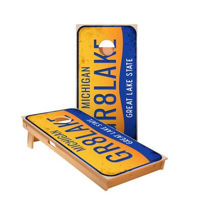 Skip's Garage Michigan License Plate Cornhole Boards - Includes (2) Boards (Resin Bags) + (2) Hole Lights & (2) Edge Lights