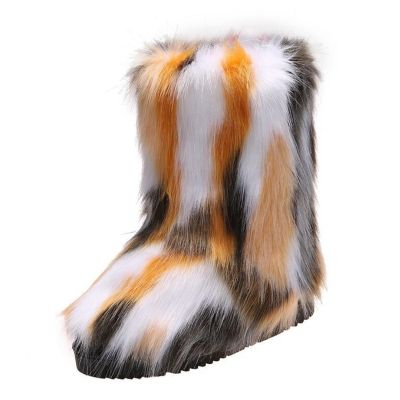 HINDOLA Womens Faux Fur Boots Snow Warm Fashion Fluffy Short Boots Comfortable Winter Ankle Booties Anti Slip Outdoor Indoor Flat Shoes Mid-Calf Boots