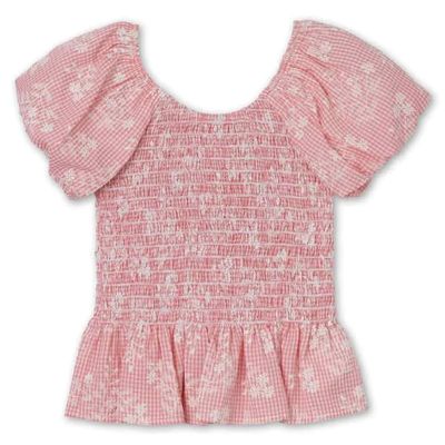 Speechless Girls' Floral Short Sleeve Ruffle Hem Smocked Top, Coral, Large