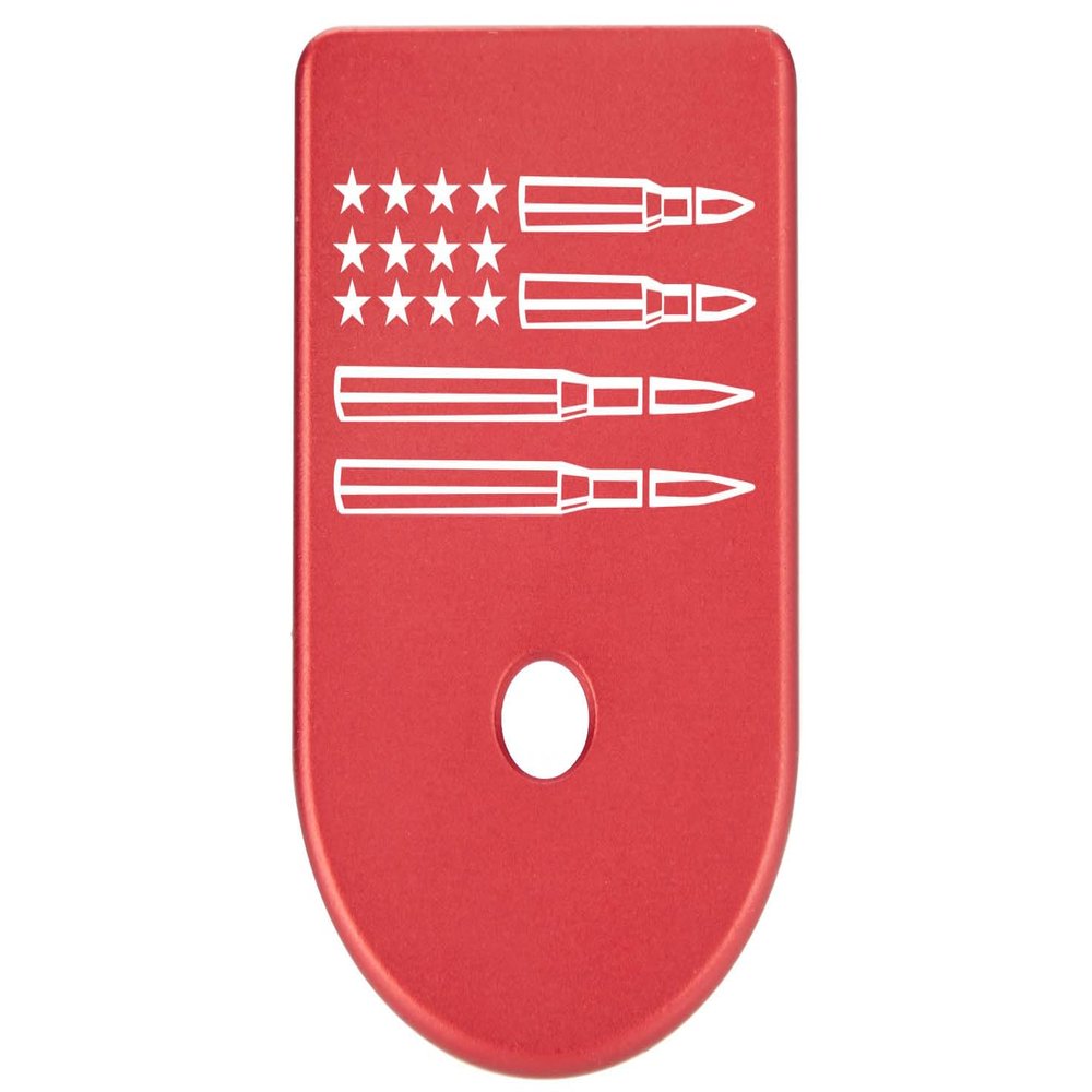 NDZ Performance Magazine Base Plate Finger Extension for Glock Gen 1-5 9mm 40 .357 SIG, Laser Engraved Red Anodized Aluminum Trending Images - Stars Bullets US Flag
