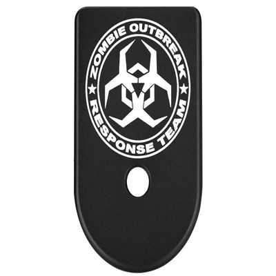 NDZ Performance Magazine Base Plate Finger Extension for Glock Gen 1-5 9mm 40 .357 SIG, Laser Engraved Black Anodized Aluminum Popular Images - Zombie Response Team Angular Biohazard