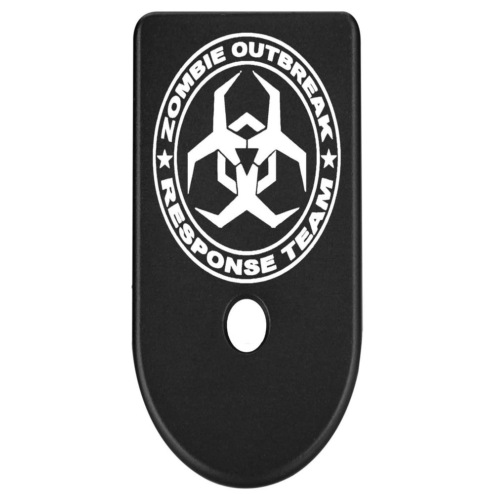 NDZ Performance Magazine Base Plate Finger Extension for Glock Gen 1-5 9mm 40 .357 SIG, Laser Engraved Black Anodized Aluminum Popular Images - Zombie Response Team Angular Biohazard
