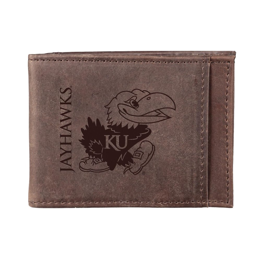 Team Sports America NCAA University of Kansas Front Pocket Slim Wallet for Men | Minimalist Leather RFID Blocking Bifold Card Holder with Money Clip | Officially Licensed Stamped Logo