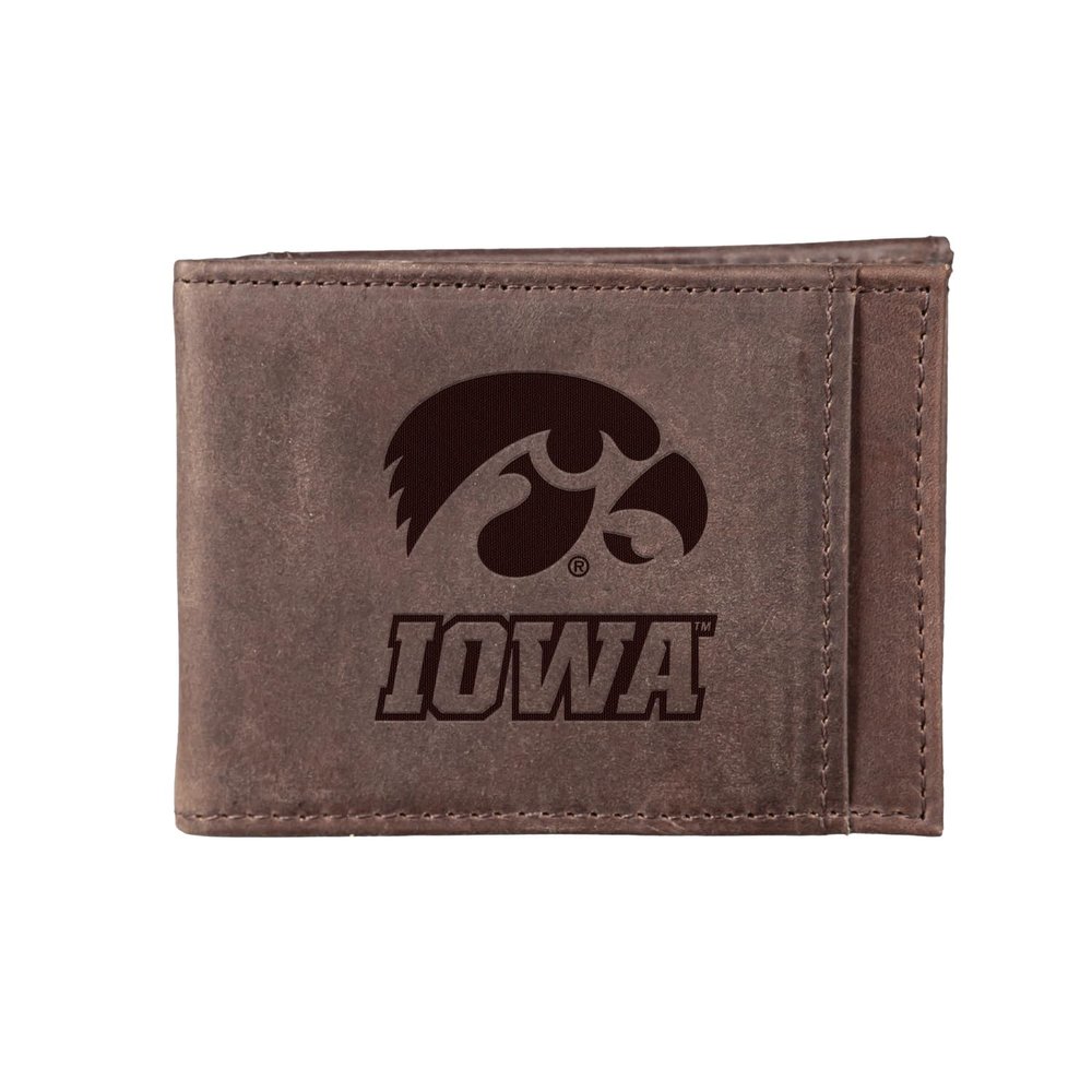Team Sports America NCAA University of Iowa Front Pocket Slim Wallet for Men | Minimalist Leather RFID Blocking Bifold Card Holder with Money Clip | Officially Licensed Stamped Logo