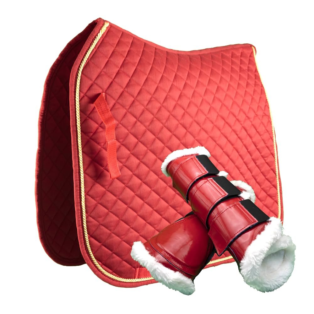 Alpine Tack Cotton Collection Dressage Bundle with Dressage Saddle Pad and Brushing Boots (Candy Red)