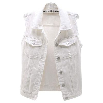 Leyoutx sysinside Women's Candy Color Slim Fit Distressed Denim Vest Frayed Raws Sleeveless Jacket (Small, White)