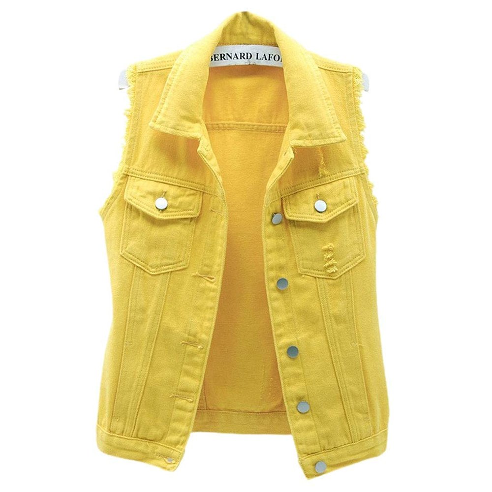 Leyoutx sysinside Women's Candy Color Slim Fit Distressed Denim Vest Frayed Raws Sleeveless Jacket (Medium, Yellow)