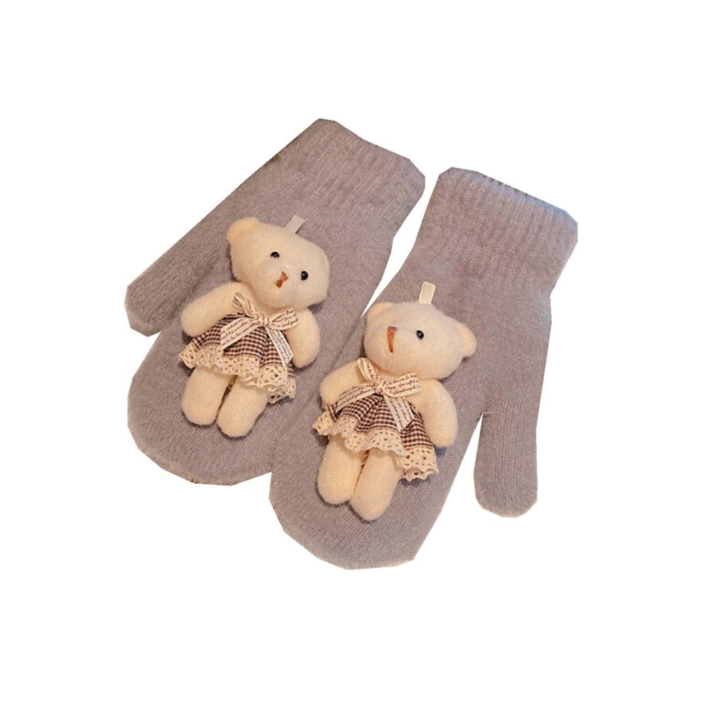 Teenage Cartoon Bear Wrapped Finger Gloves Christmas Knitted Woolen Gloves Women's Padded Outdoor Out Warm Finger Gloves (Color : Gray)