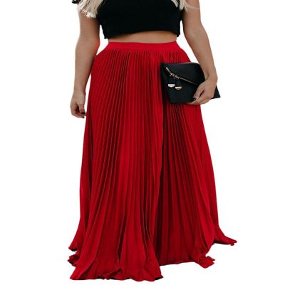 Leyoutx Women's High Elastic Waist Pleated Flowy Swing A-line Maxi Skirts (2X-Large, Red)