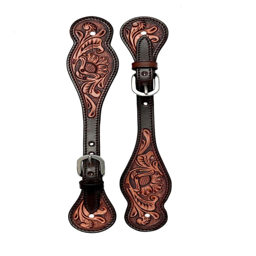 BLACK HOOF Floral Tooled |Leather Spur Straps |Two Tone for Horse Riders | Western Men, Women, Adjustable Single Ply Spur Straps | Equestrian Accessories