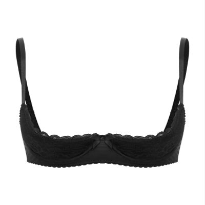 winying Women's Sexy 1/4 Cup Lace Shelf Bra Balconette Underwired Demi Shelf Bra Sheer Bralette Black G Medium