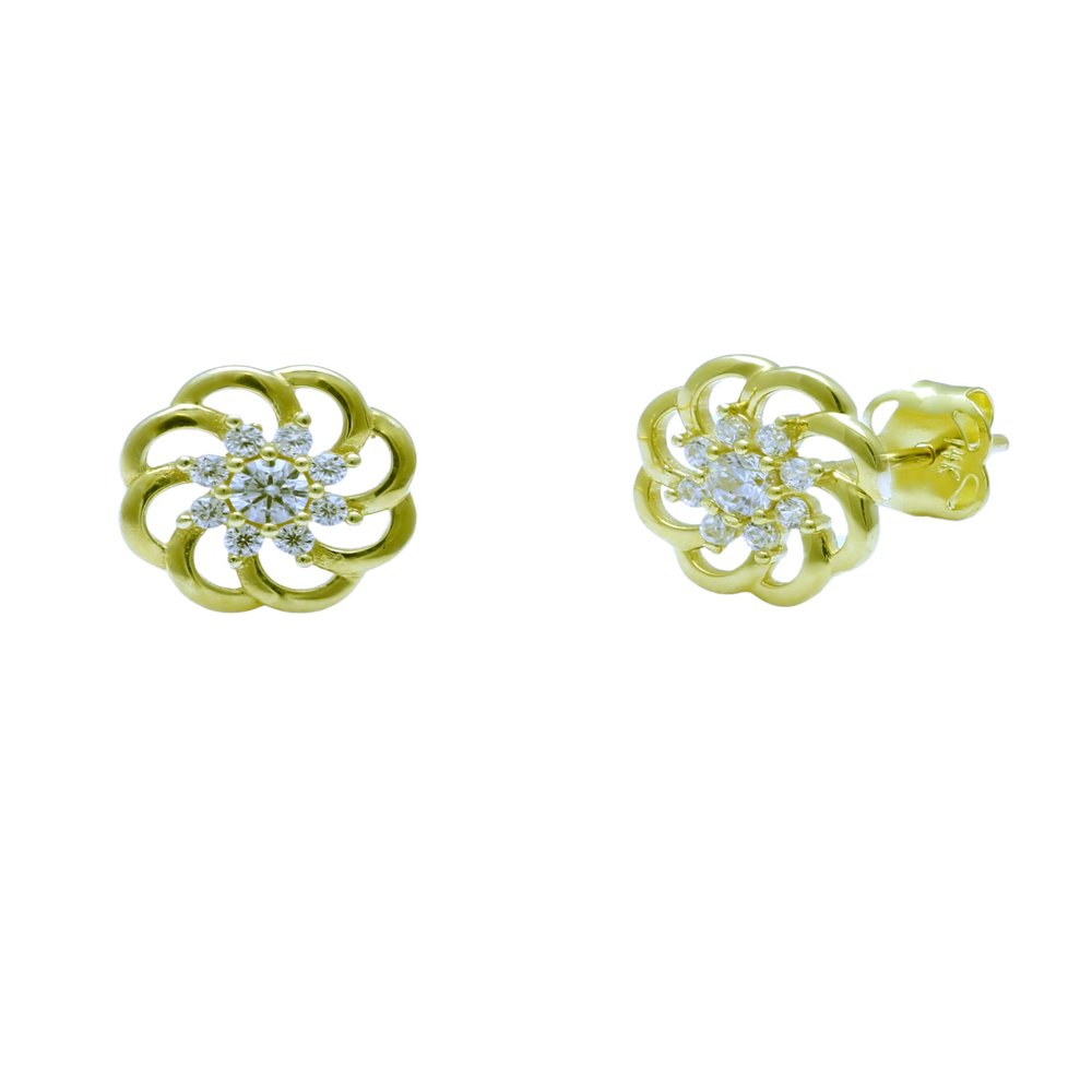 14K Solid Yellow Gold Womens Carnation Flower CZ Push Back Stud Earrings