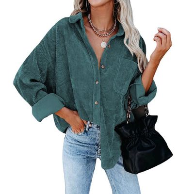 Corduroy Shacket Women Long Sleeve Button Down Shirts Boyfriend Oversized Blouses Fall Tops with Pockets Spring Fashion Trends Corduroy Jacket Womens Clothes Casual Cute Tops Coat Dark Green XL