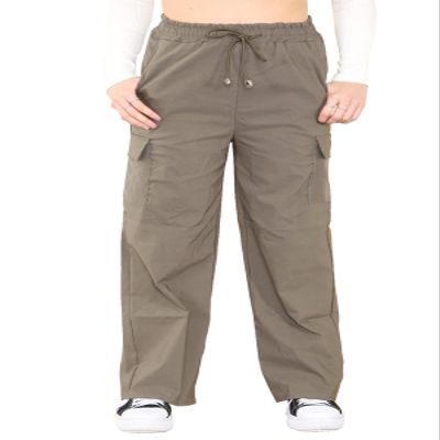 c2pwear Womens Elastic Waist Drawstring 4 Pocket Combat Trousers Wide Leg Work Wear Palazzo (Khaki US 12-14)