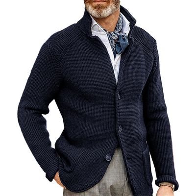 Men's Knitted Jacket Casual Button Up Slim Fit Cardigan Warm Cable Sweater Blazer with Pockets (Large,Tibetan Blue)