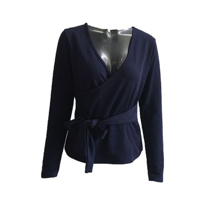 Women's Wrap V Neck Knit Tops Tie Waist Long Sleeve Solid Fall Sweaters Fashion Casual Knitted Pullover Tops (Dark Blue,Medium)