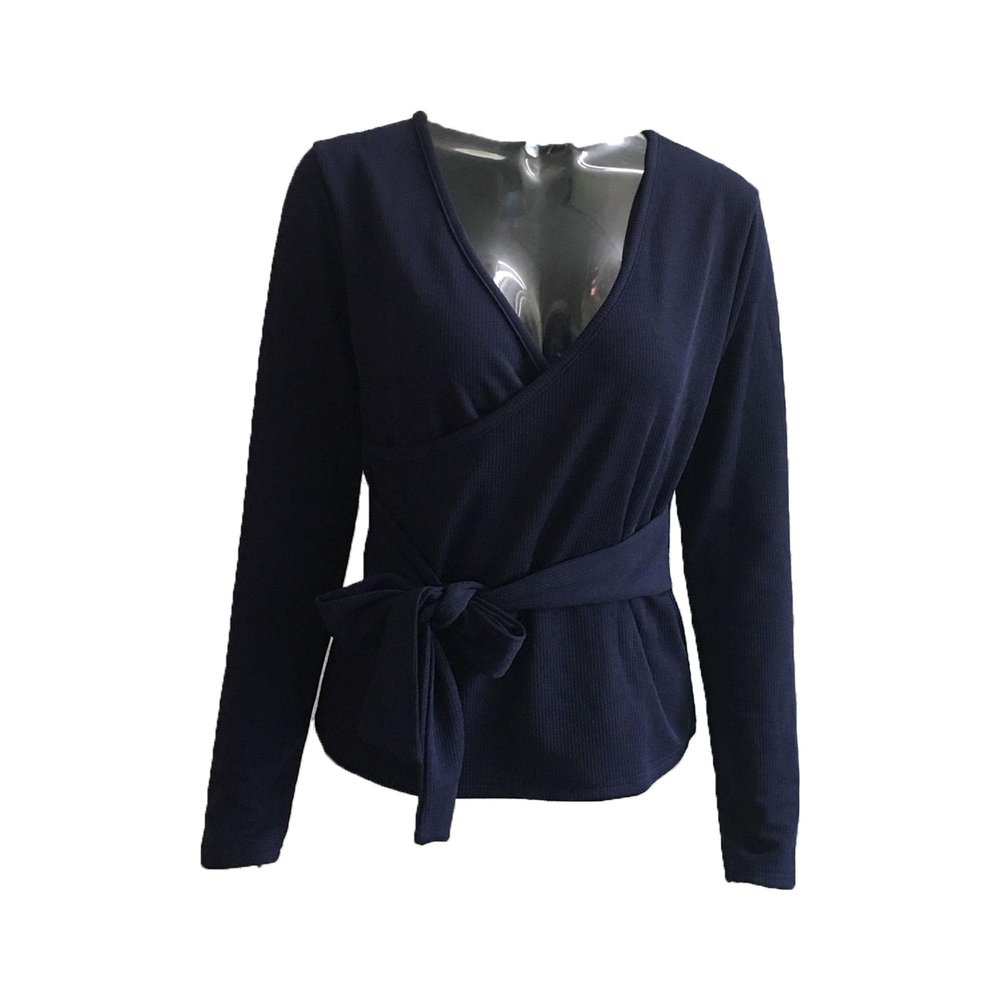 Women's Wrap V Neck Knit Tops Tie Waist Long Sleeve Solid Fall Sweaters Fashion Casual Knitted Pullover Tops (Dark Blue,Medium)