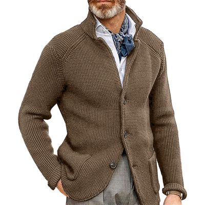 Men's Knitted Jacket Casual Button Up Slim Fit Cardigan Warm Cable Sweater Blazer with Pockets (X-Large,Khaki)